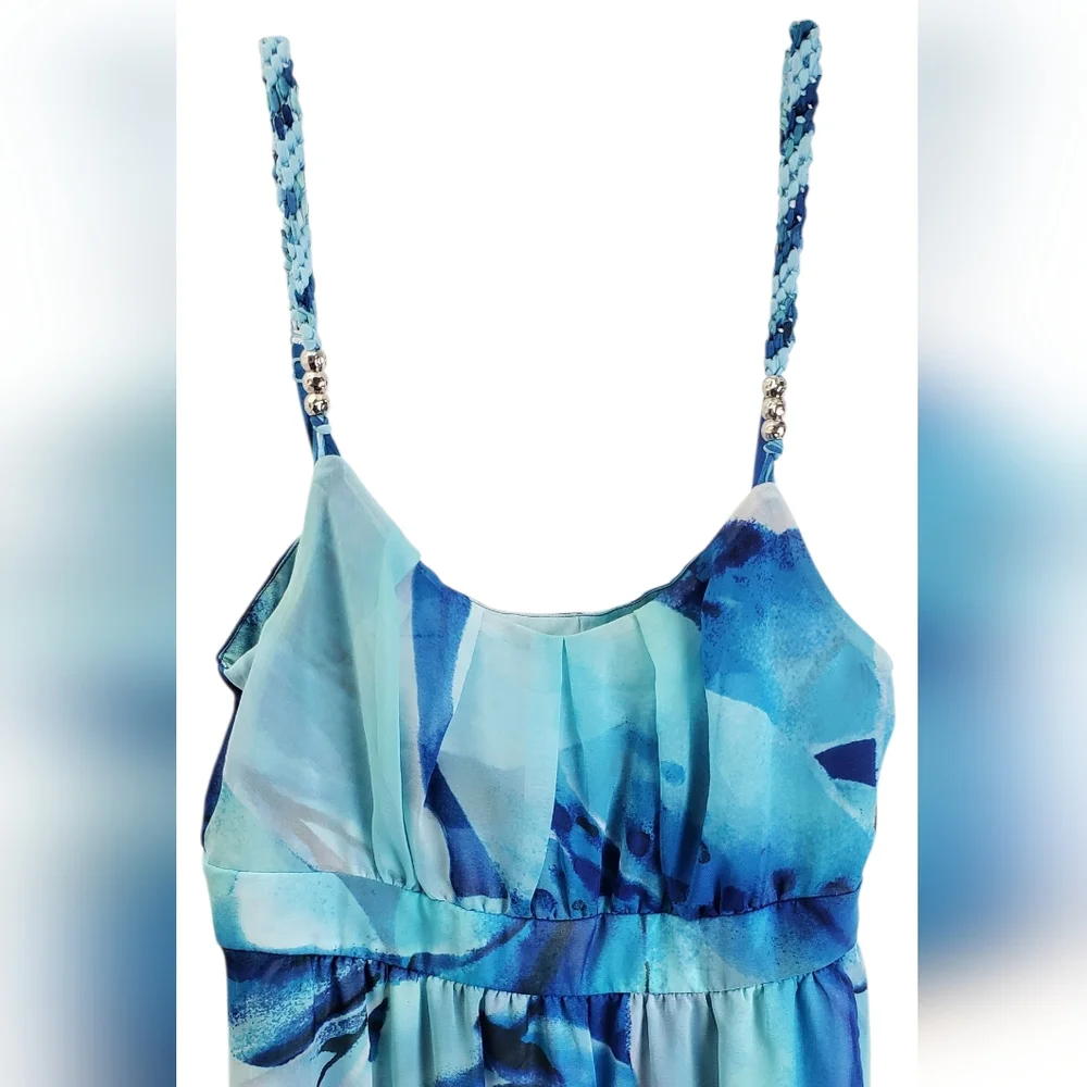 Coastal Resort Blue Floral Empire Waist High Low Dress Sz 6 Mermaid Ethereal - Picture 5 of 14